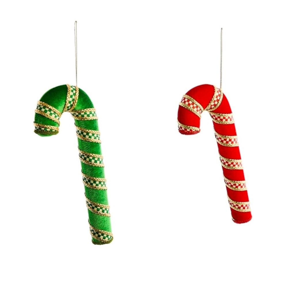 NEW Mackenzie-Childs Check It Out Candy Cane Fabric Ornaments XL 15in Set of 2